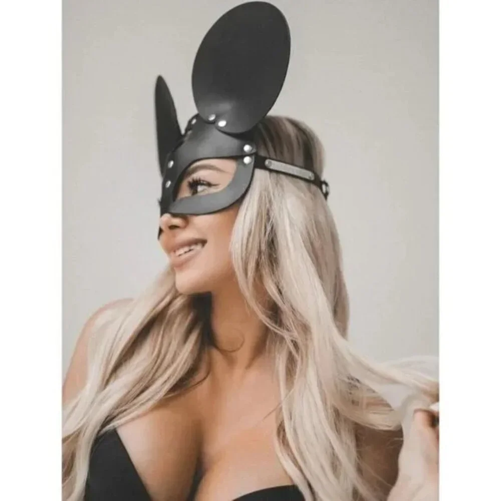 𝅺BLACK Leather Minnie Mouse Fetish Face Mask Slave Bondage BDSM Costume Cosplay